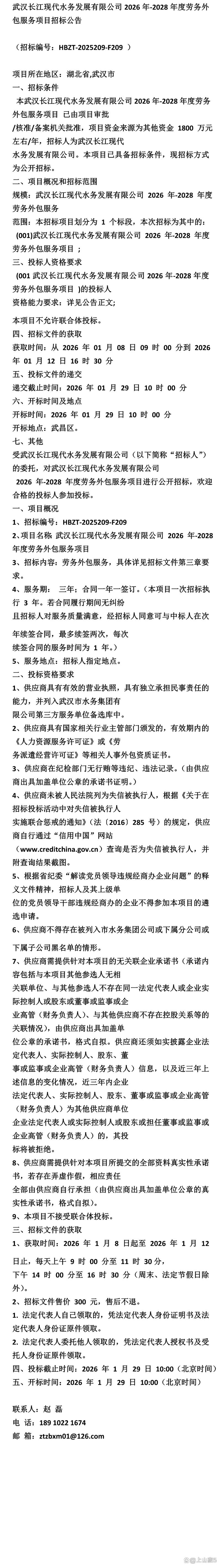 武汉长江现代水务发展有限公司2026年度软件外包服务招标公告